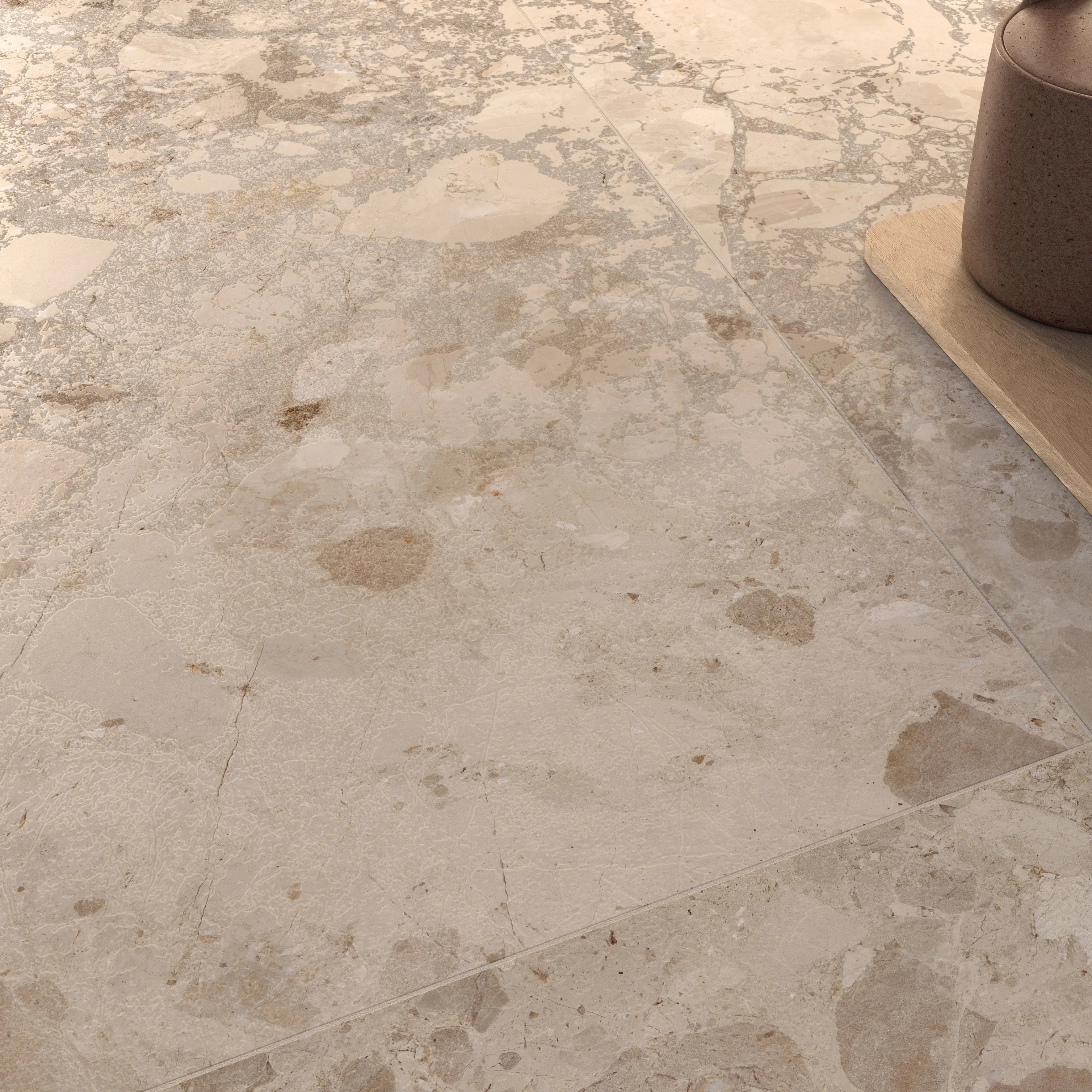 Bord Sand stone-effect porcelain tiles styled in a contemporary living space