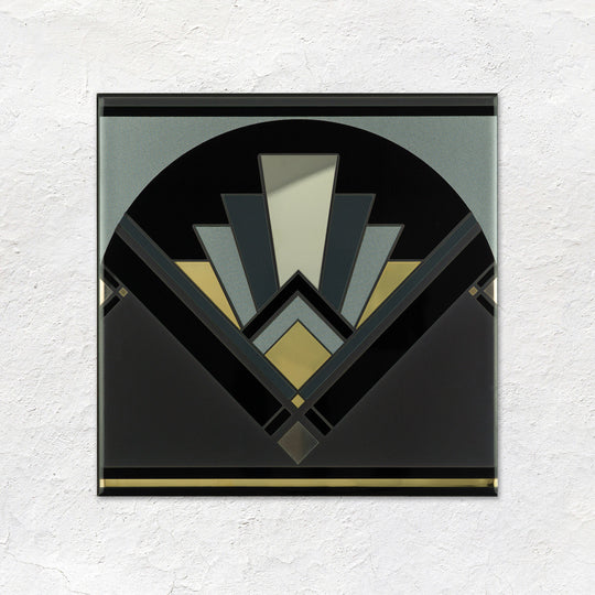 Art Deco Black Fan With Real Platinum and Gold on Black Ceramic Wall Tile 152x152mm