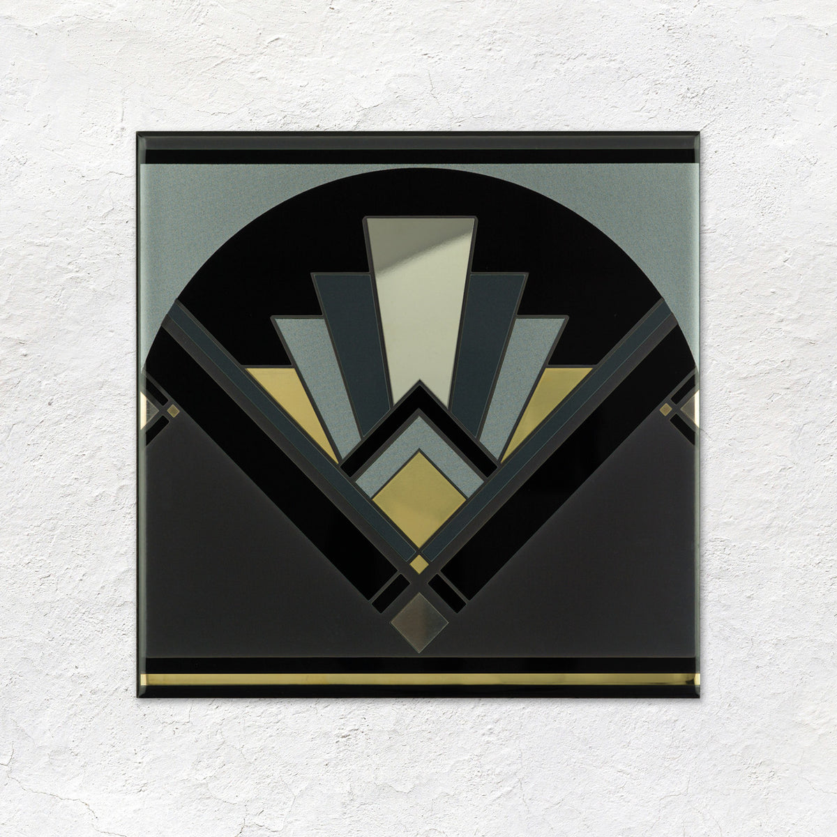 Art Deco Black Fan With Real Platinum and Gold on Black Ceramic Wall Tile 152x152mm - Metallic