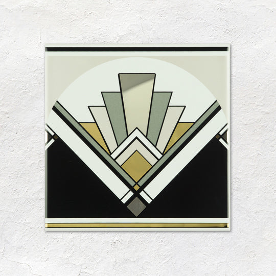 Art Deco Fan With Real Platinum and Gold on Brilliant White Ceramic Wall Tile 152x152mm