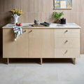 Light wood sideboard with white marble top and brass handles shown with ascoli porcelain avorio 40 x 40cm tiles