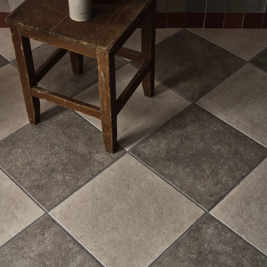 Ascoli porcelain grigio floor tiles with checkerboard pattern in gray and beige matte stone finish 40 x 40 cm