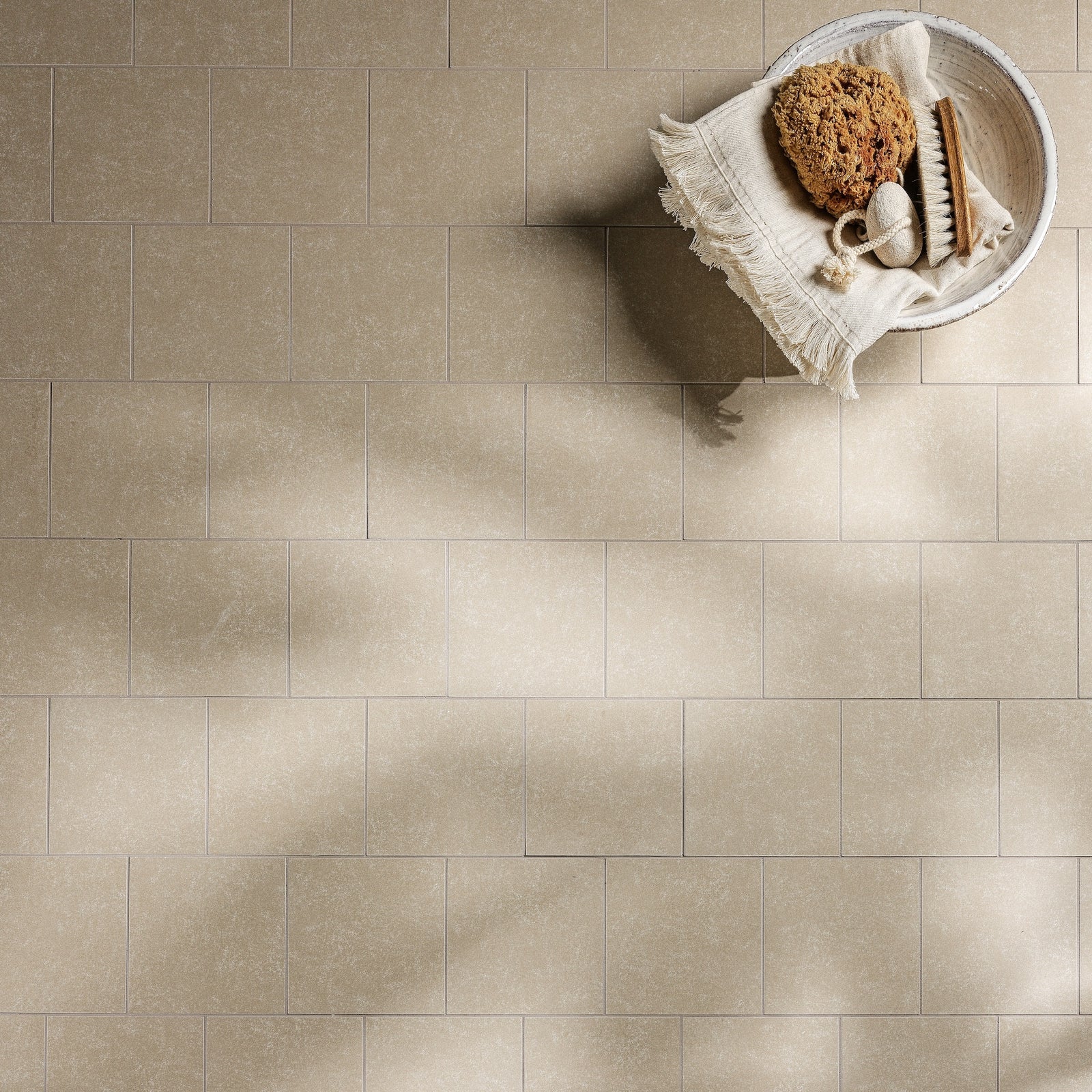 Aventuras Linen Field Porcelain Wall & Floor Tile 15x15cm in a bathroom setting