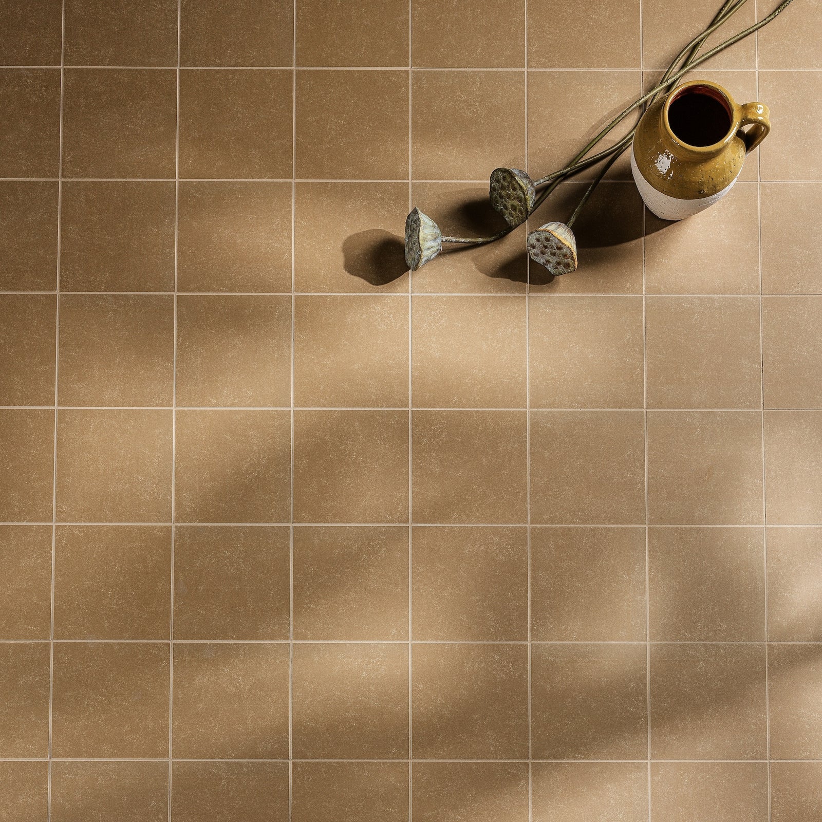Aventuras Ochre Field Porcelain Wall & Floor Tile 15x15cm in a bathroom setting