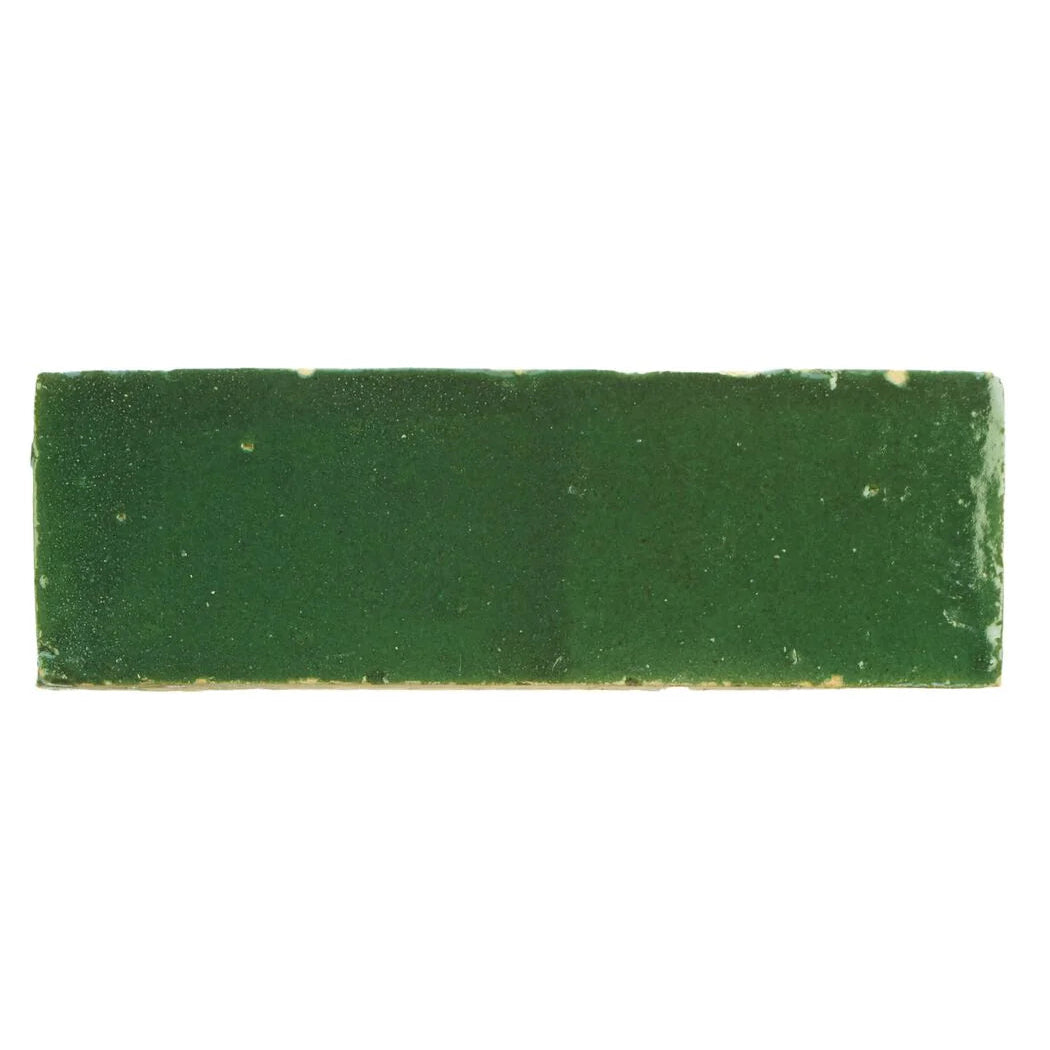 Medina moss green rectangle handmade moroccan zellige tile with deep green ceramic textured surface and worn edges