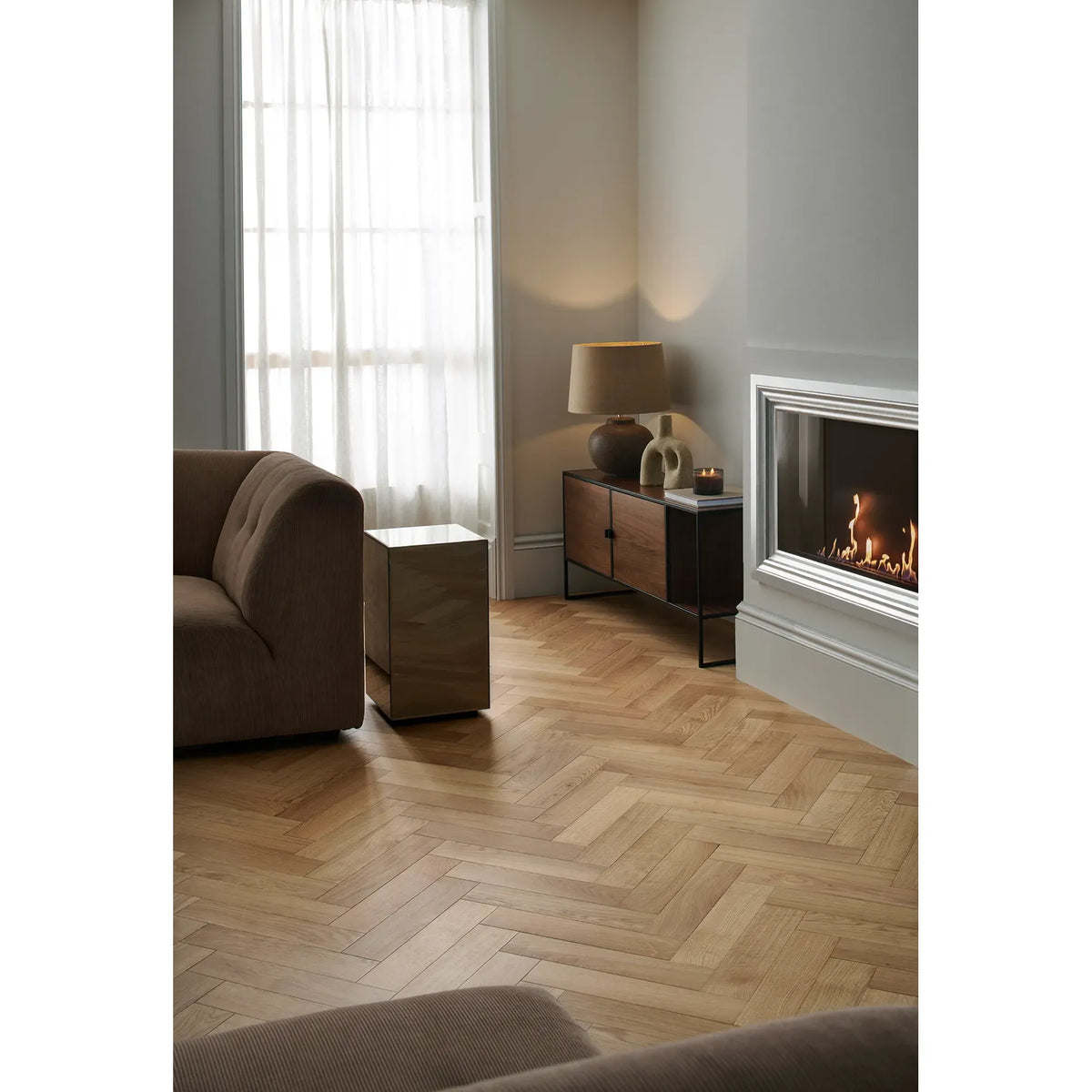 Orkney Pure Oak herringbone engineered wood flooring room setting