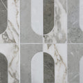 Byzantine porcelain palation sculpted gray and white marble mosaic tile with modern geometric vertical strips and arched cutouts