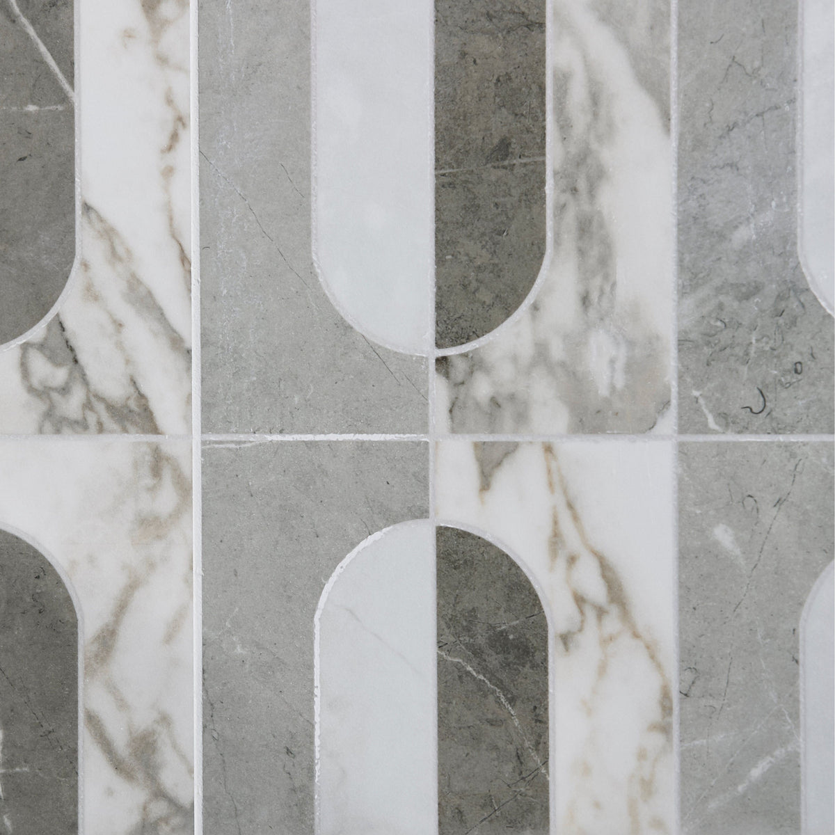 Byzantine porcelain palation sculpted gray and white marble mosaic tile with modern geometric vertical strips and arched cutouts