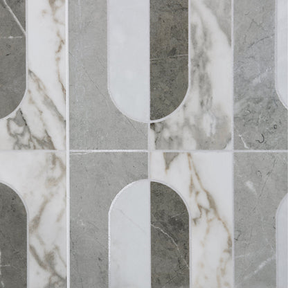 Byzantine porcelain palation sculpted gray and white marble mosaic tile with modern geometric vertical strips and arched cutouts