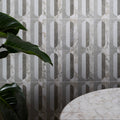Byzantine porcelain palation sculpted gray and white marble-effect wall tiles with vertical oval cutouts
