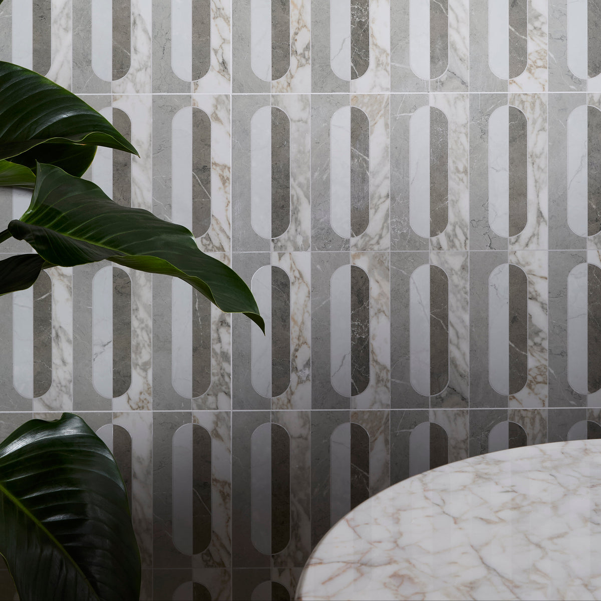 Byzantine porcelain palation sculpted gray and white marble-effect wall tiles with vertical oval cutouts
