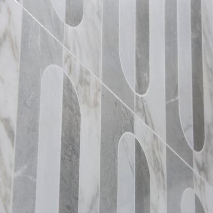 Byzantine porcelain palation sculpted gray and white marble-effect tiles with modern geometric vertical strips and arched cutouts