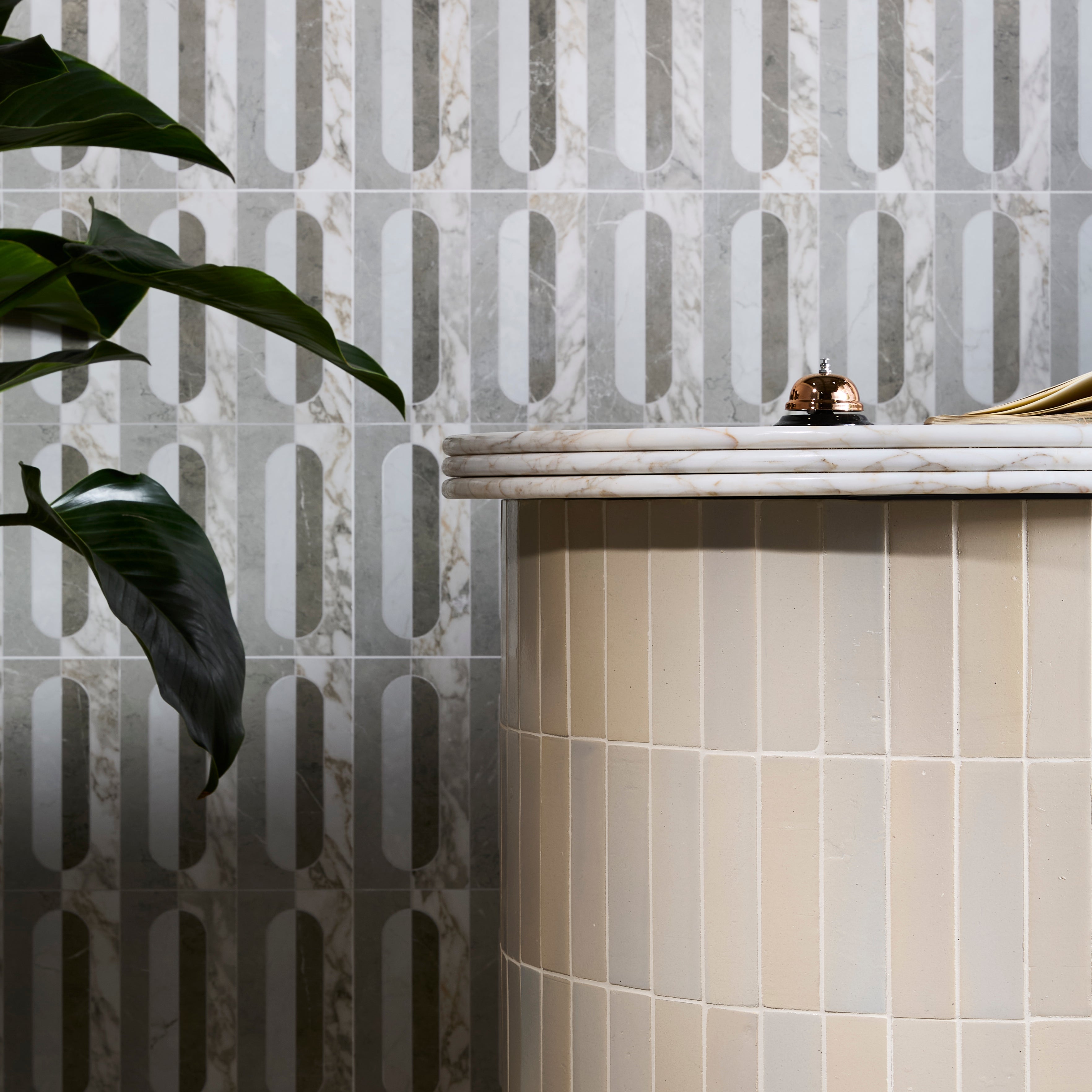 Byzantine Porcelain Palation Sculpted marble-effect tile in a styled setting