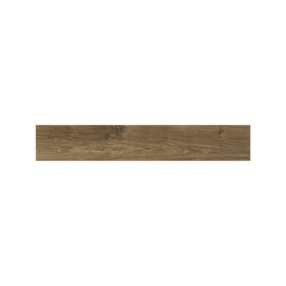 Dark Walnut wood effect plank tiles laid across a kitchen floor, Fired Earth Cotswold