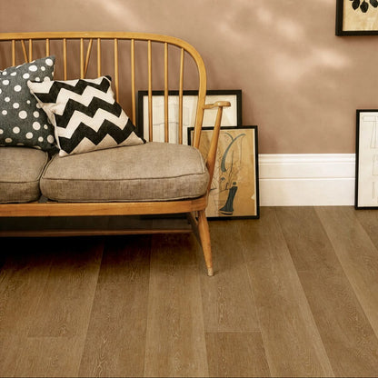 Roomset showing Cotswold Elm deep wood effect plank tiles in a styled interior