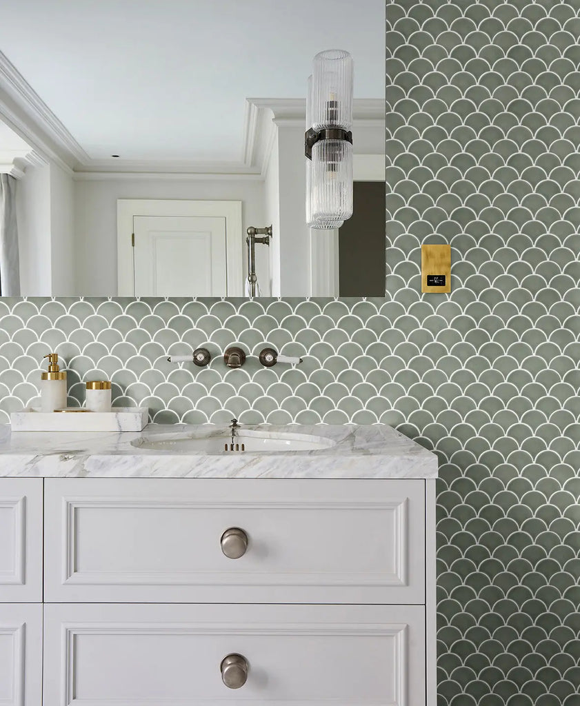Ca' Pietra Atlantis Scallop Porcelain Thyme Bathroom Mosaic Tiles