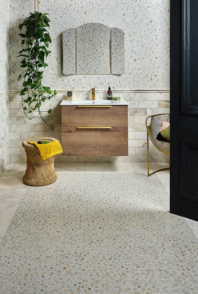 marble mosaic tiles Palazzo oro Marble Honed Brickbond Square floor tiles stocked by Hyperion Tiles