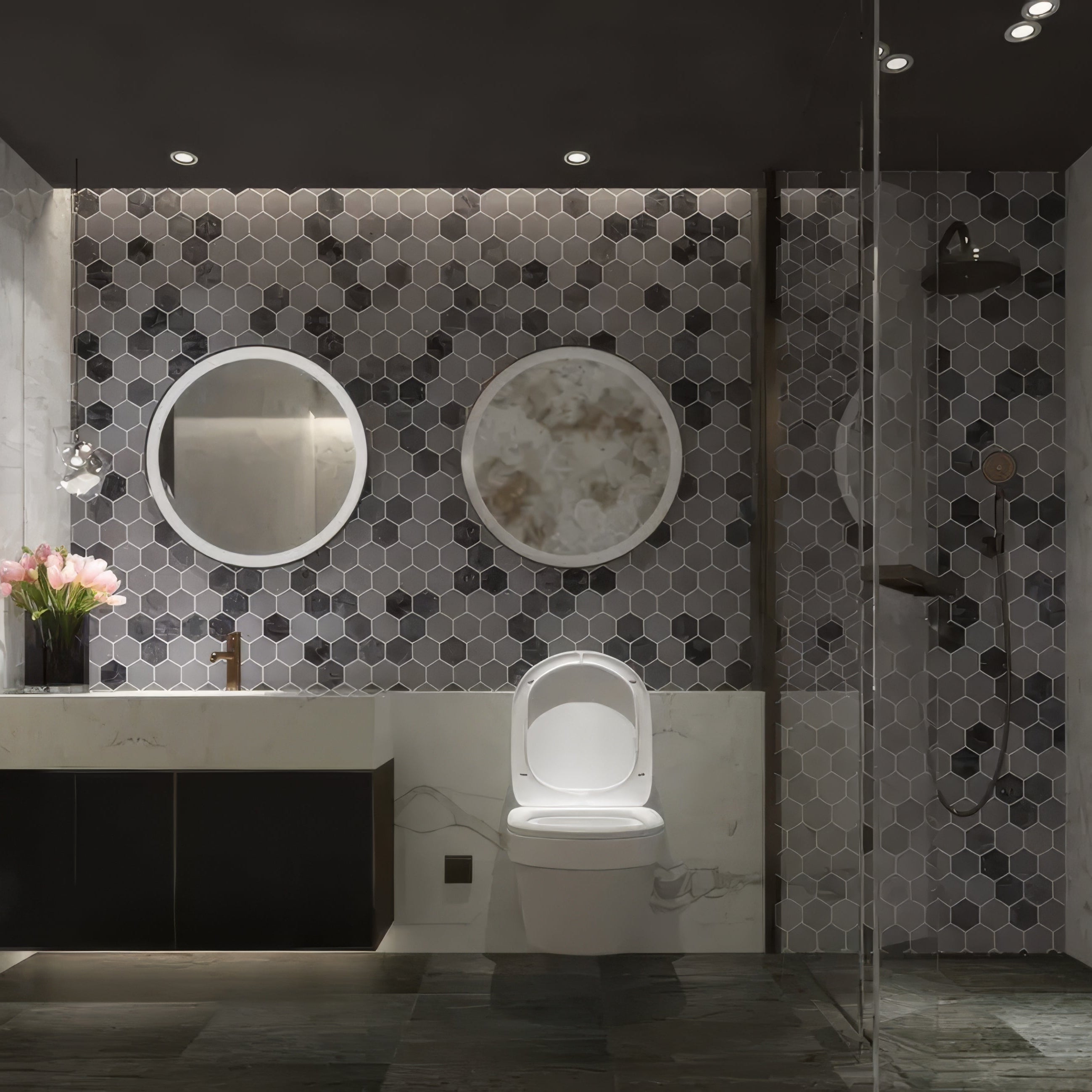 Carrara White - Platinum Grey Honed Marble Hexagon Mosaic Tiles 48x48