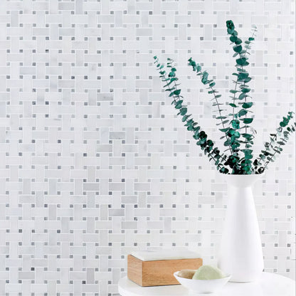 Carrara White - Platinum Grey Polished Marble Basket Weave Mosaic
