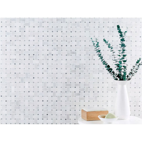 Carrara White - Platinum Grey Polished Marble Basket Weave Mosaic Wall & Floor Tile - alternate view