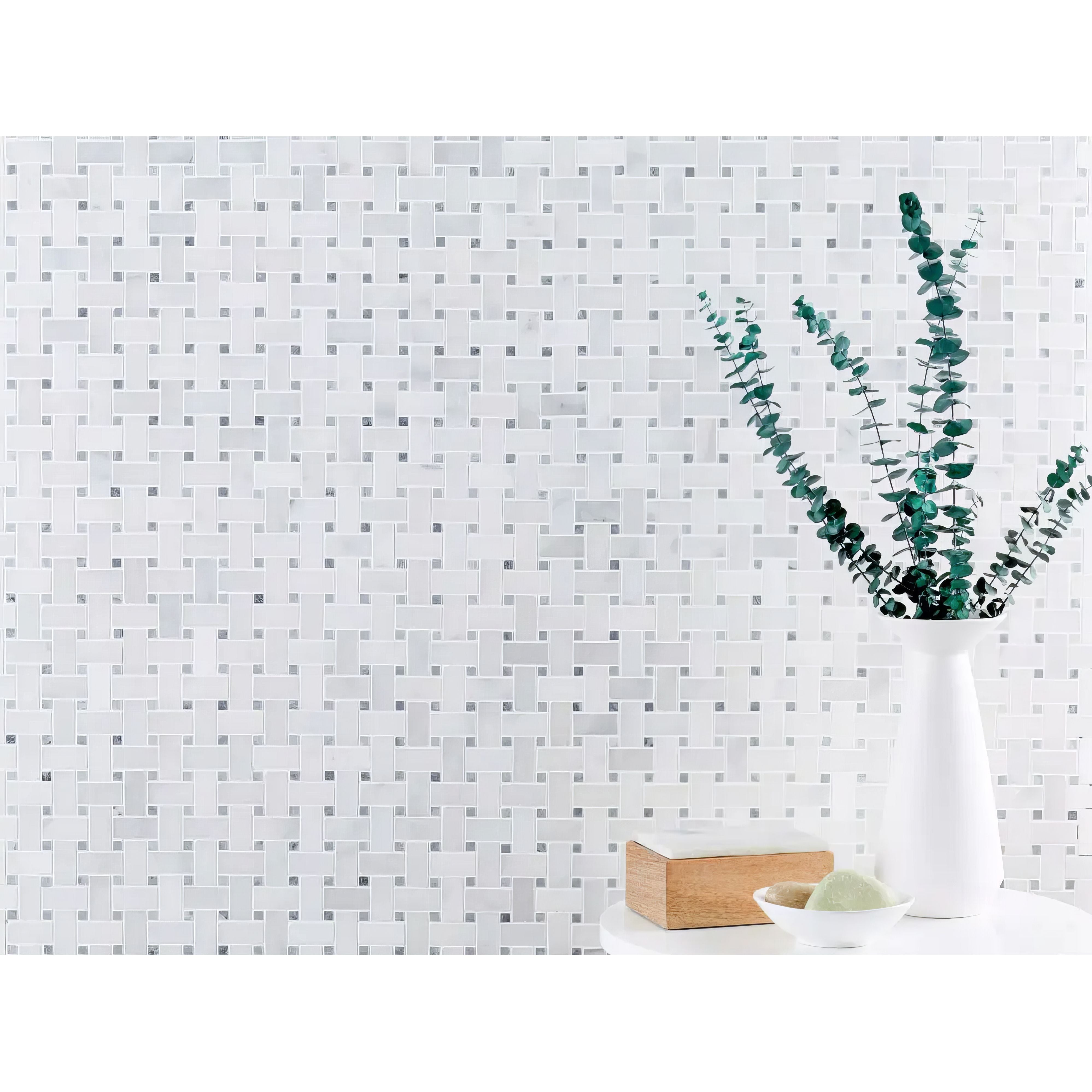 Carrara White - Platinum Grey Polished Marble Basket Weave Mosaic