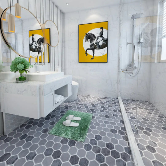 Carrara White - Platinum Grey Tumbled Marble 48mm Hexagon Mosaic Wall & Floor Tile
