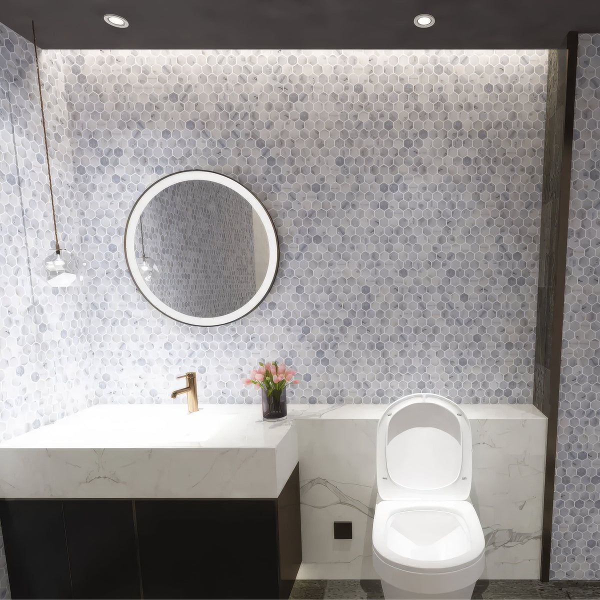 Carrara White Tumbled Marble 23mm Hexagon Mosaic Wall & Floor Tile