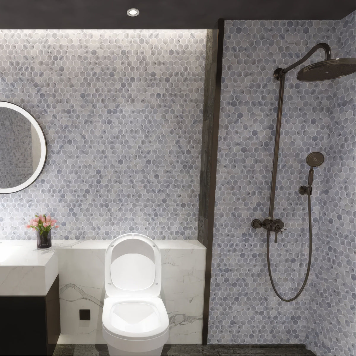 Carrara White Tumbled Marble 23mm Hexagon Mosaic Wall & Floor Tile
