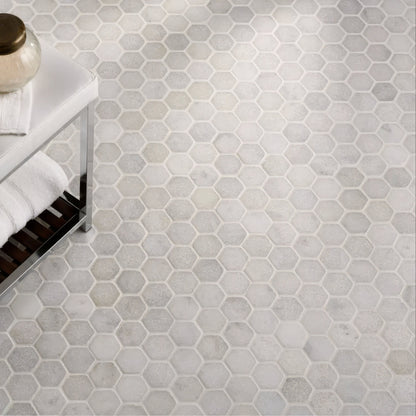 Carrara White Tumbled Marble 48mm Hexagon Mosaic Wall & Floor Tile - thumbnail 2