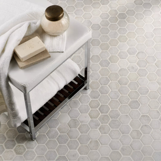 Carrara White Tumbled Marble 48mm Hexagon Mosaic Wall & Floor Tile