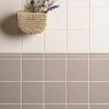 Gray tiles with a decorative border and a woven basket with flowers on a white wall.