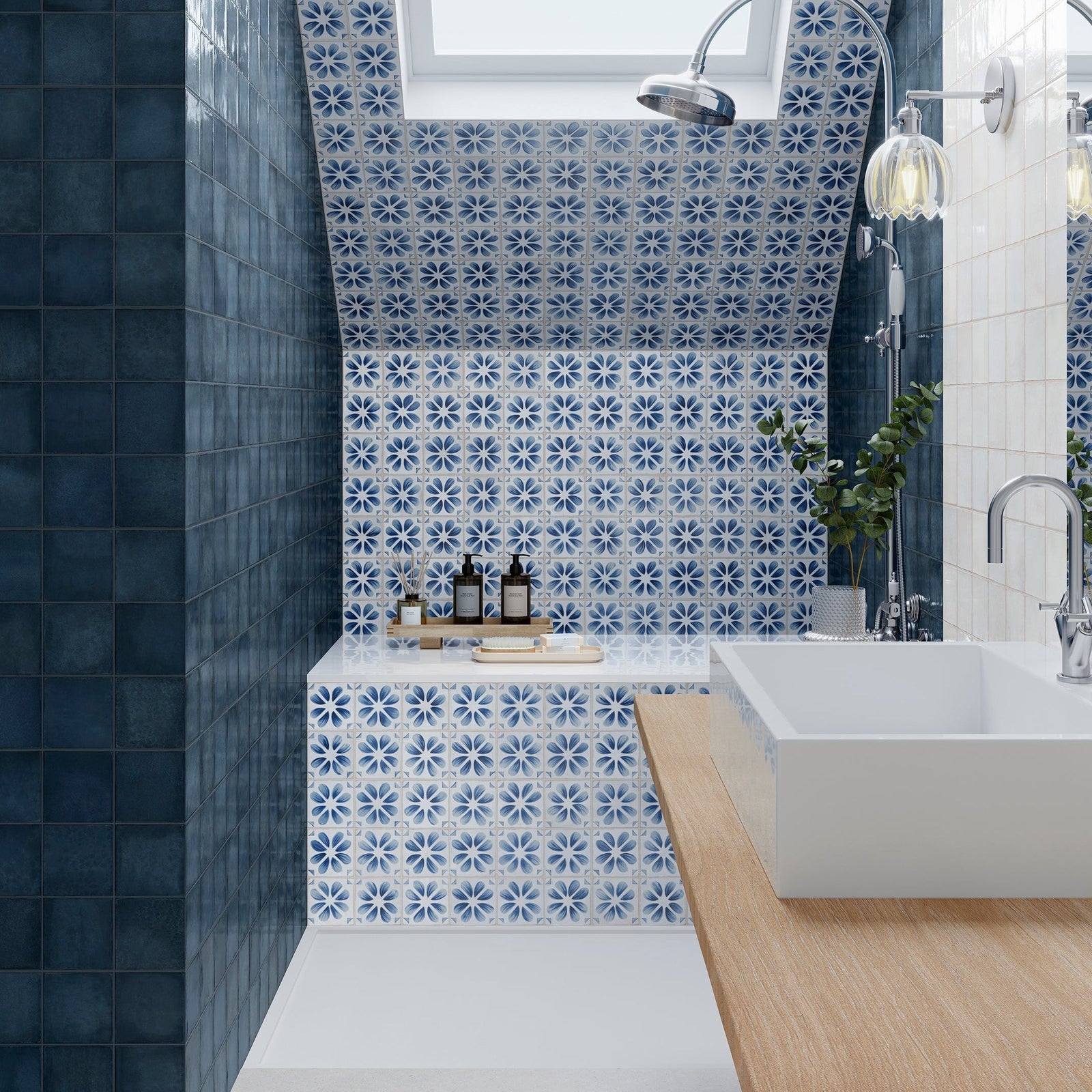 Dakota Flora Ice 32 x 62.5cm Porcelain Tile in a bathroom setting