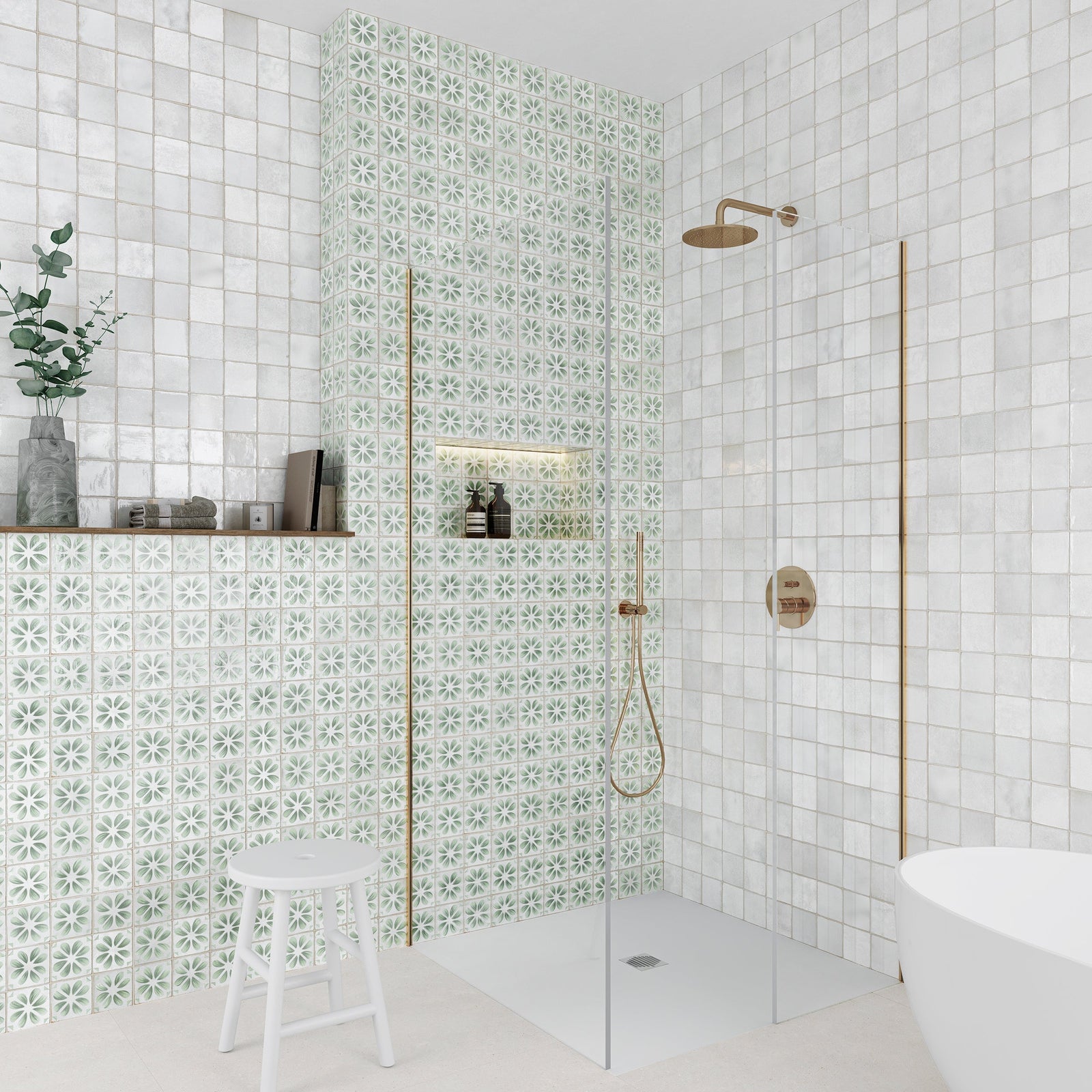 Dakota Flora Peppermint 32 x 62.5cm Porcelain Tile in a bathroom setting