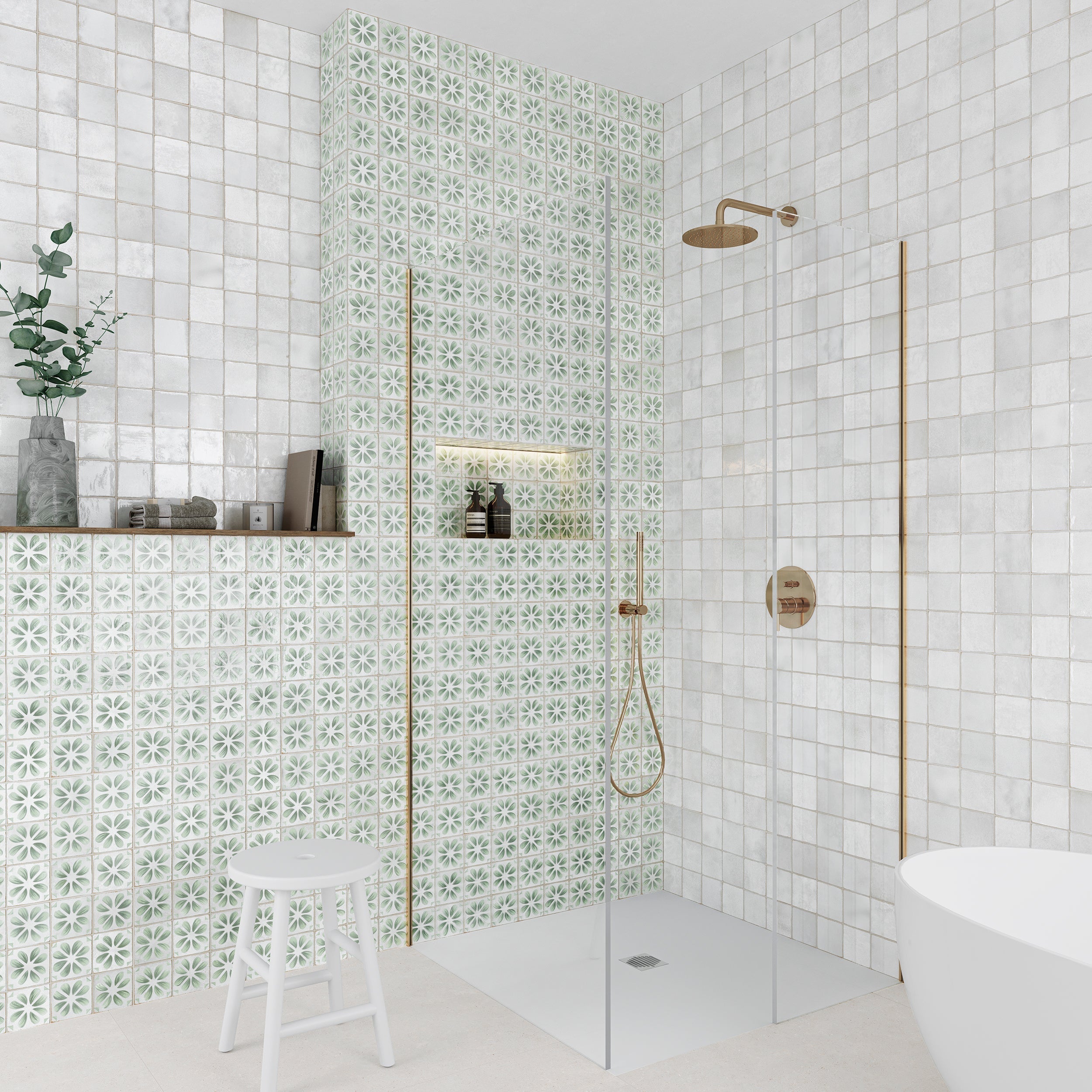 Dakota Flora Peppermint floral decor gloss wall tiles in a styled room