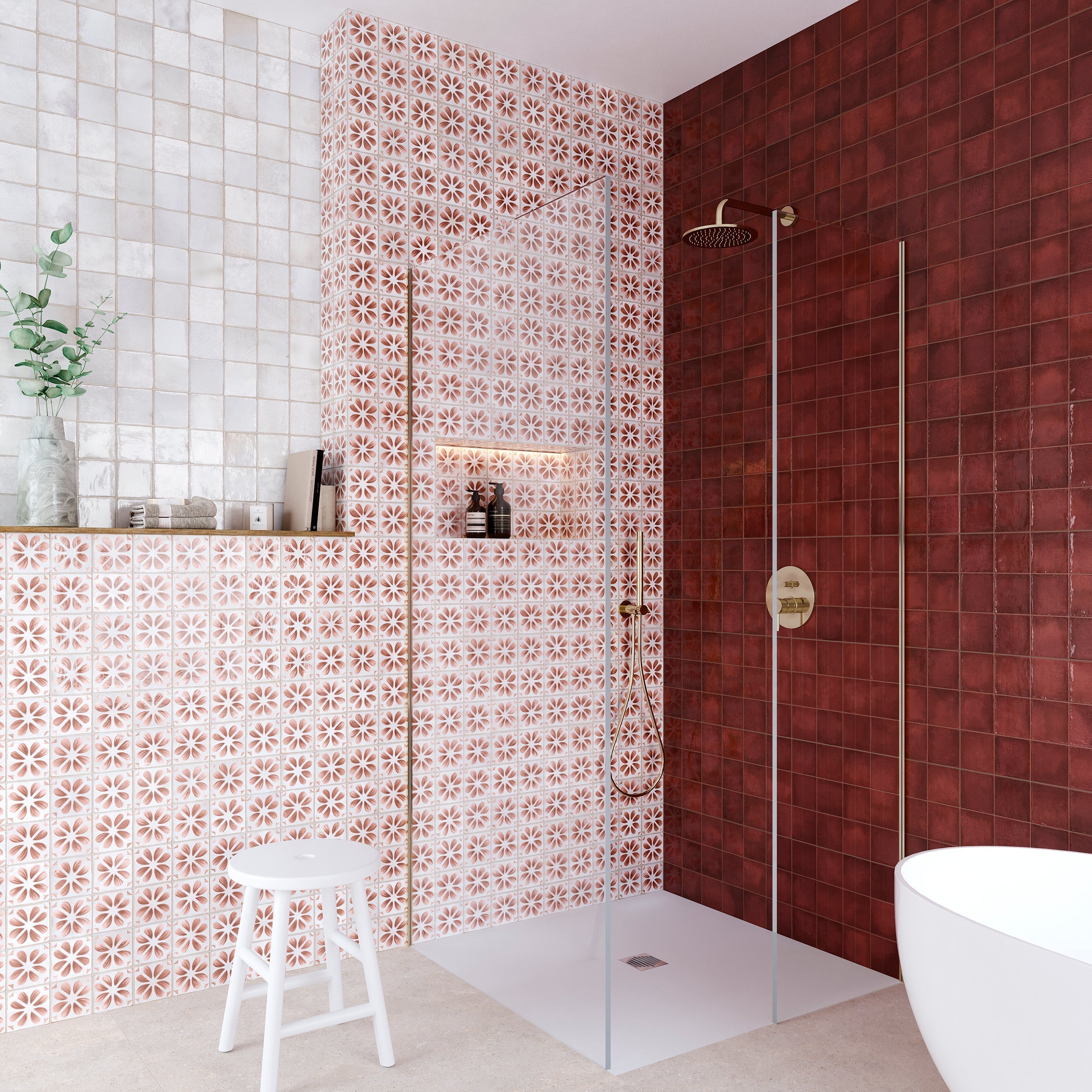 Dakota Flora Port patterned gloss wall tiles room detail