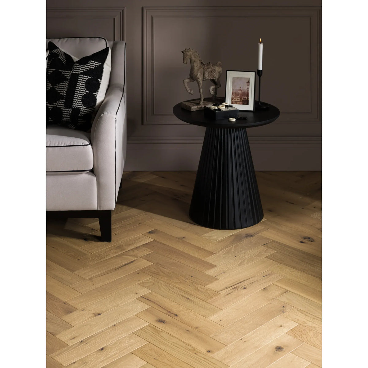 Orkney Beaten Oak pale hand-scraped herringbone close-up