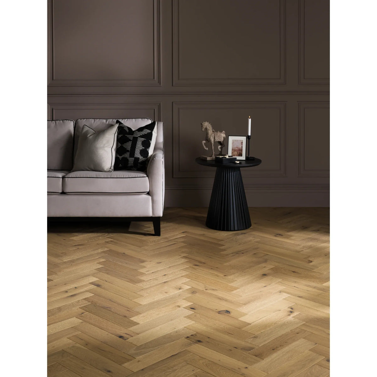Orkney Beaten Oak herringbone flooring in a living room