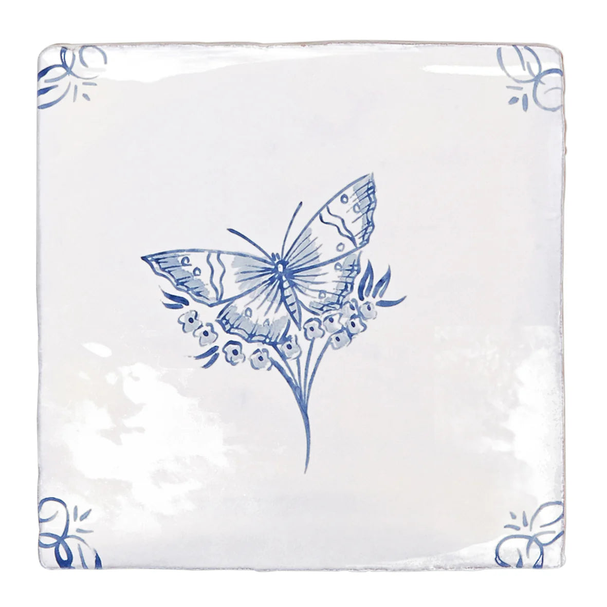 White ceramic English Delft butterfly blue gloss tile coaster with delicate blue butterfly and floral motifs