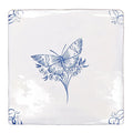White ceramic English Delft butterfly blue gloss tile coaster with delicate blue butterfly and floral motifs