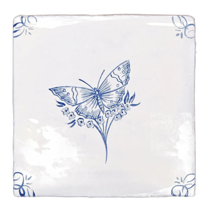 White ceramic English Delft butterfly blue gloss tile coaster with delicate blue butterfly and floral motifs