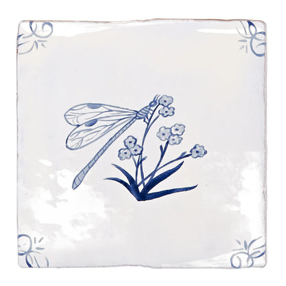English Delft dragonfly blue gloss tile square ceramic coaster with hand-painted blue dragonfly on white glaze