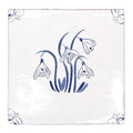 White ceramic english delft snowdrop blue gloss tile with delicate hand-painted blue snowdrops and corner floral motifs