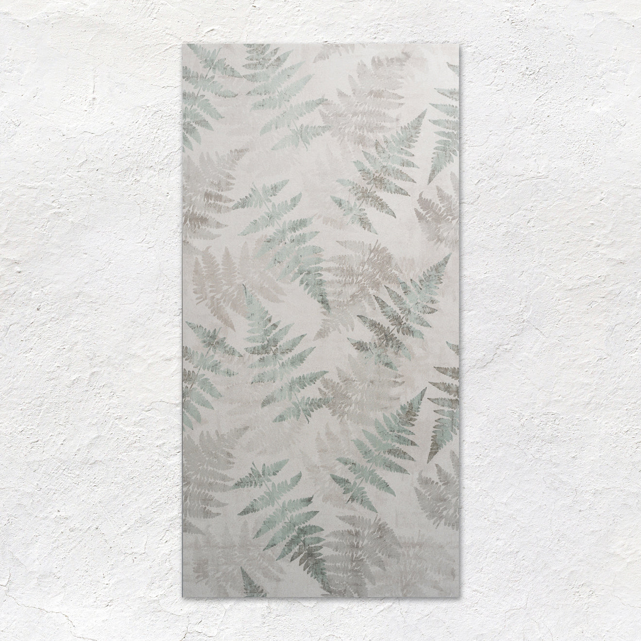 Eden Glade 60x30cm rectangular wall art panel with delicate gray and muted green fern leaf pattern on textured background