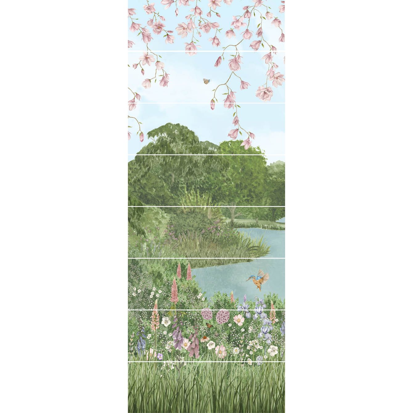 English garden decorative 8-tile set panel a vertical garden wallpaper with pink blossoms lush greenery and wildflowers