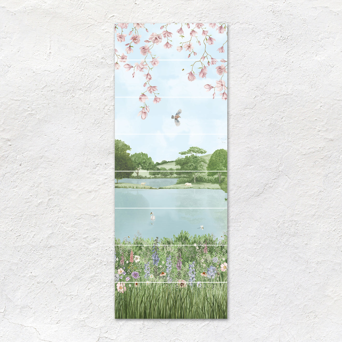 English Garden decorative 8-tile ceramic panel with pink blossoms, green fields, lake, and wildflowers pastoral scene
