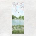 English Garden decorative 8-tile ceramic panel with pink blossoms, green fields, lake, and wildflowers pastoral scene