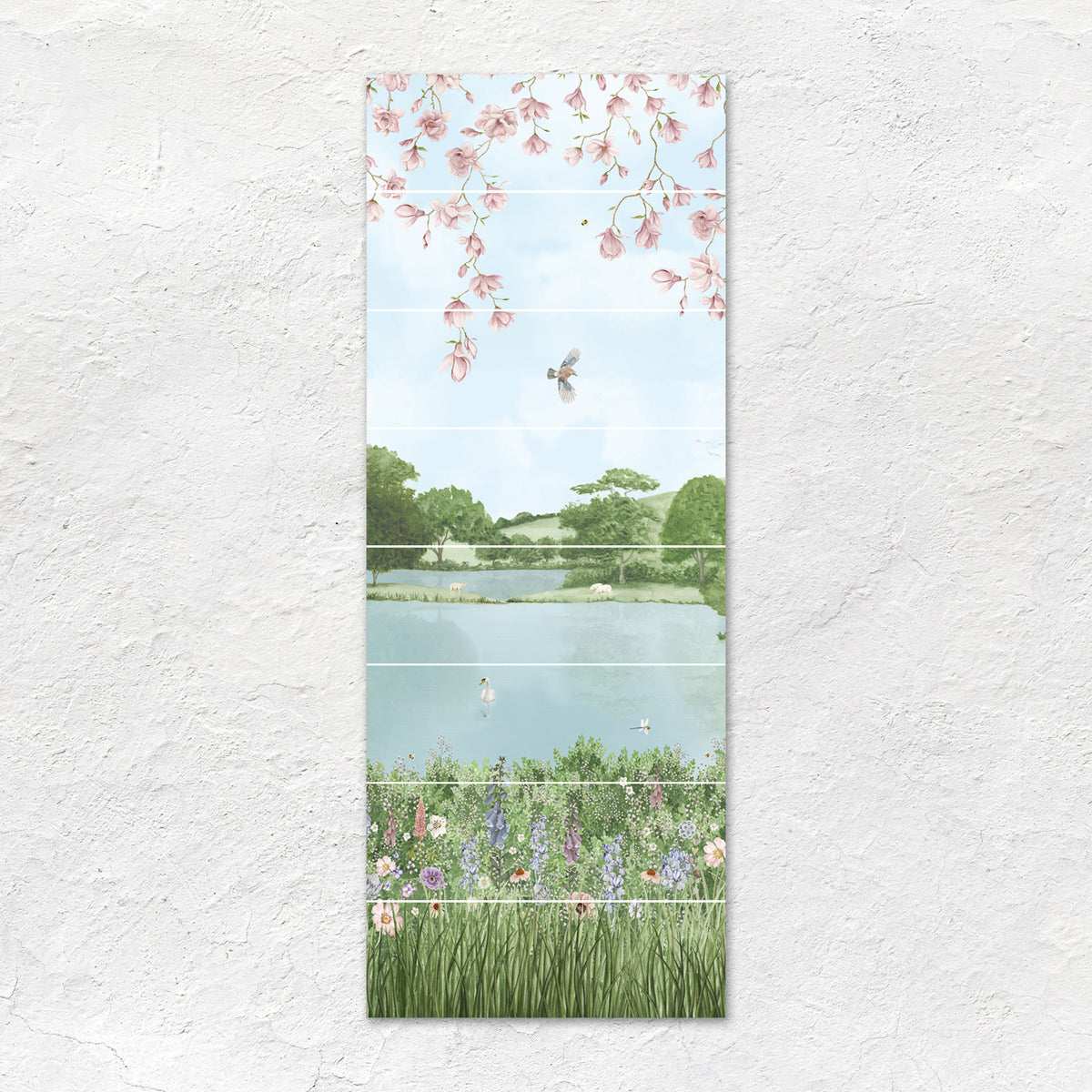 English Garden decorative 8-tile ceramic panel with pink blossoms, green fields, lake, and wildflowers pastoral scene