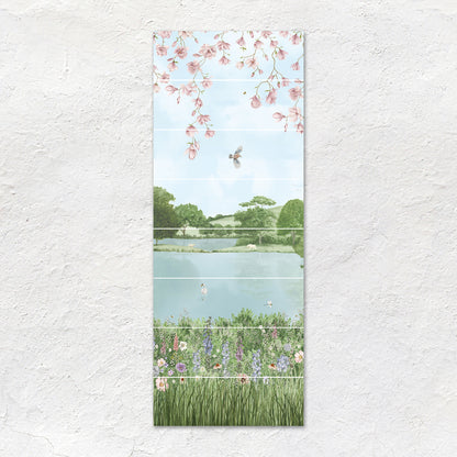English Garden decorative 8-tile ceramic panel with pink blossoms, green fields, lake, and wildflowers pastoral scene