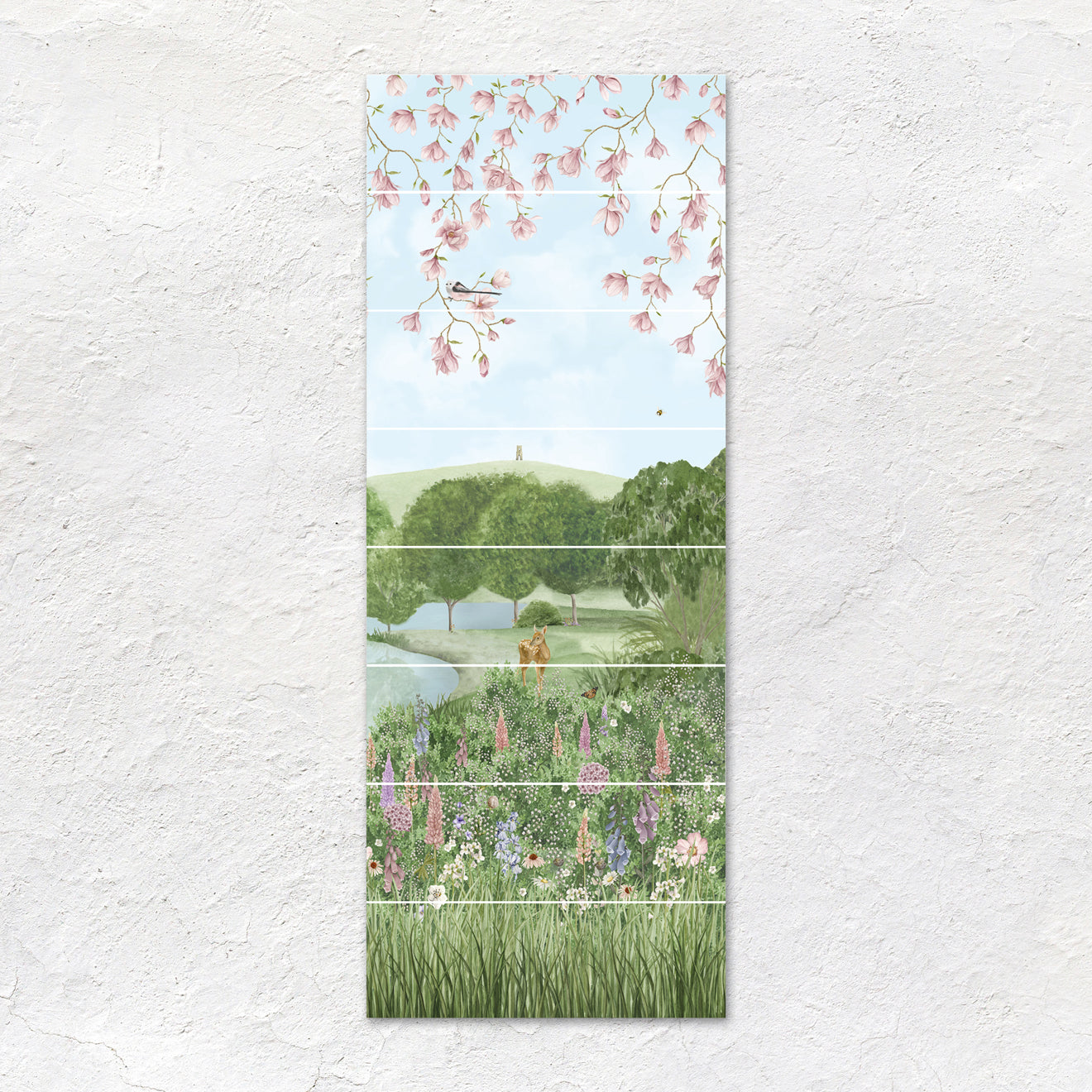 Rectangular wall art panel from English Garden decorative 8-tile set featuring pastel pink blossoms and green trees
