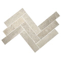 Enki limestone parquet velvet finish rectangular tiles with gray herringbone pattern and subtle textured finish
